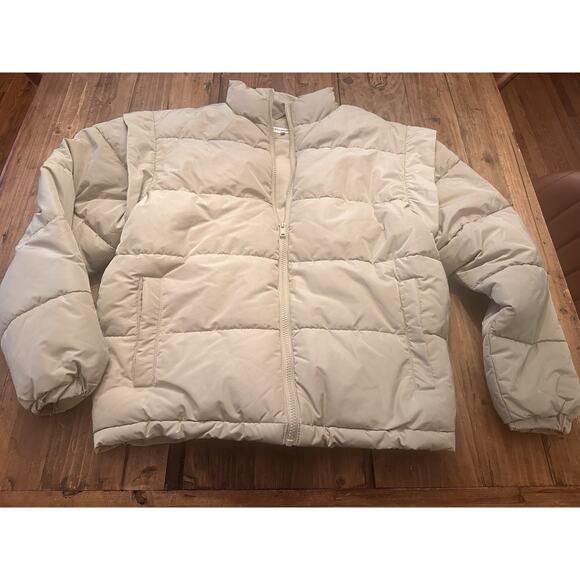 We Wore What Size XS Puffer Jacket Snap Off Sleeves Vest Coat Beige Classic - Picture 1 of 16